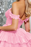 Off The Shoulder Pink Corset A Line Homecoming Dress