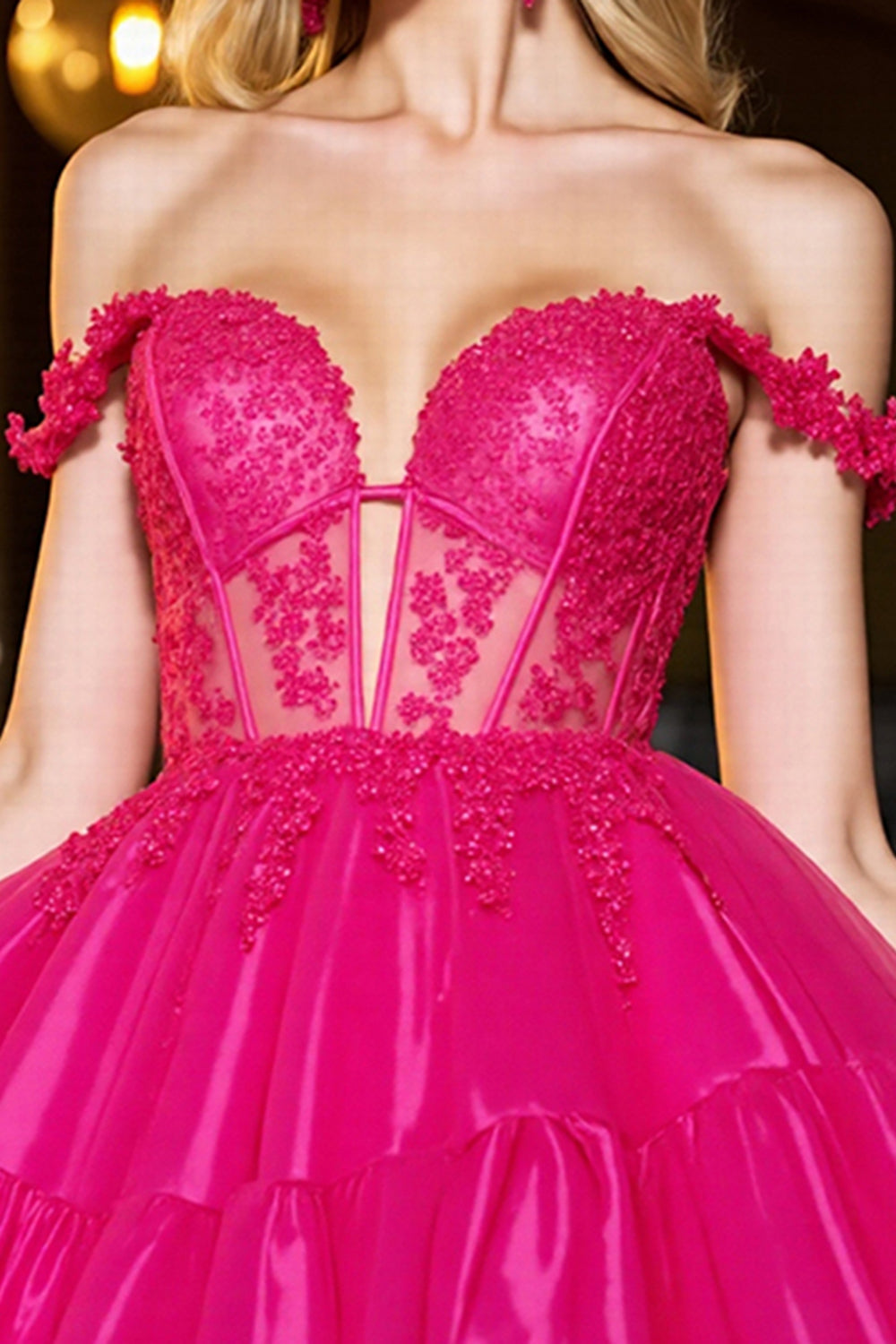 Fuchsia Off The Shoulder Appliqued Corset Homecoming Dress