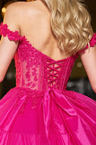 Fuchsia Off The Shoulder Appliqued Corset Homecoming Dress