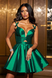 Satin Dark Green A Line Homecoming Dress with Hollow Out