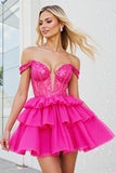 Off The Shoulder Pink Tiered Homecoming Dress with Sequins
