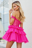 Off The Shoulder Pink Tiered Homecoming Dress with Sequins