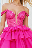 Off The Shoulder Pink Tiered Homecoming Dress with Sequins