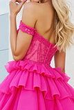 Off The Shoulder Pink Tiered Homecoming Dress with Sequins
