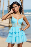 Tiered Corset Blue A Line Homecoming Dress