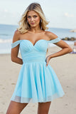 Off The Shoulder Light Blue A Line Ruched Homecoming Dress