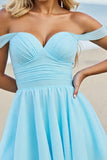 Off The Shoulder Light Blue A Line Ruched Homecoming Dress