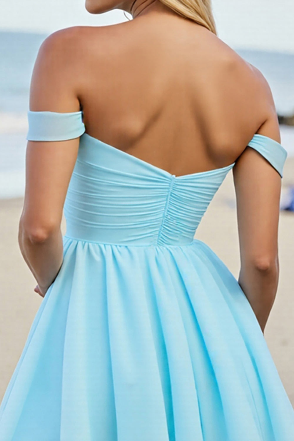 Off The Shoulder Light Blue A Line Ruched Homecoming Dress
