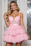 Tiered Pink Corset A Line Homecoming Dress with Appliques