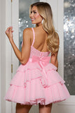 Tiered Pink Corset A Line Homecoming Dress with Appliques
