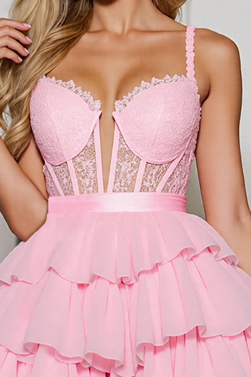 Tiered Pink Corset A Line Homecoming Dress with Appliques