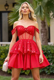 Corset Red Off The Shoulder Homecoming Dress with Beading