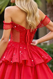 Corset Red Off The Shoulder Homecoming Dress with Beading