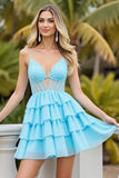 Corset Tiered Light Blue A Line Homecoming Dress