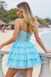Corset Tiered Light Blue A Line Homecoming Dress