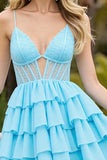 Corset Tiered Light Blue A Line Homecoming Dress