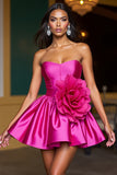 Strapless Fuchsia Satin Homecoming Dress with 3D Flowers