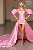 Pink Satin Puff Sleeve Homecoming Dress with Cape