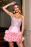 Corset Strapless Pink Sequin Homecoming Dress with 3D Flowers