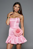 Pink Ruffled Spaghetti Straps Homecoming Dress with 3D Flower