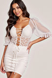 White Puff Sleeve Appliqued Homecoming Dress