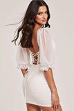 White Puff Sleeve Appliqued Homecoming Dress