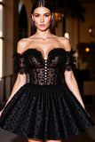 Off The Shoulder Black Appliqued A Line Homecoming Dress