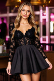 Black Appliqued Long Sleeve Homecoming Dress