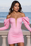 Pink Off The Shoulder Long Sleeve Tight Homecoming Dress