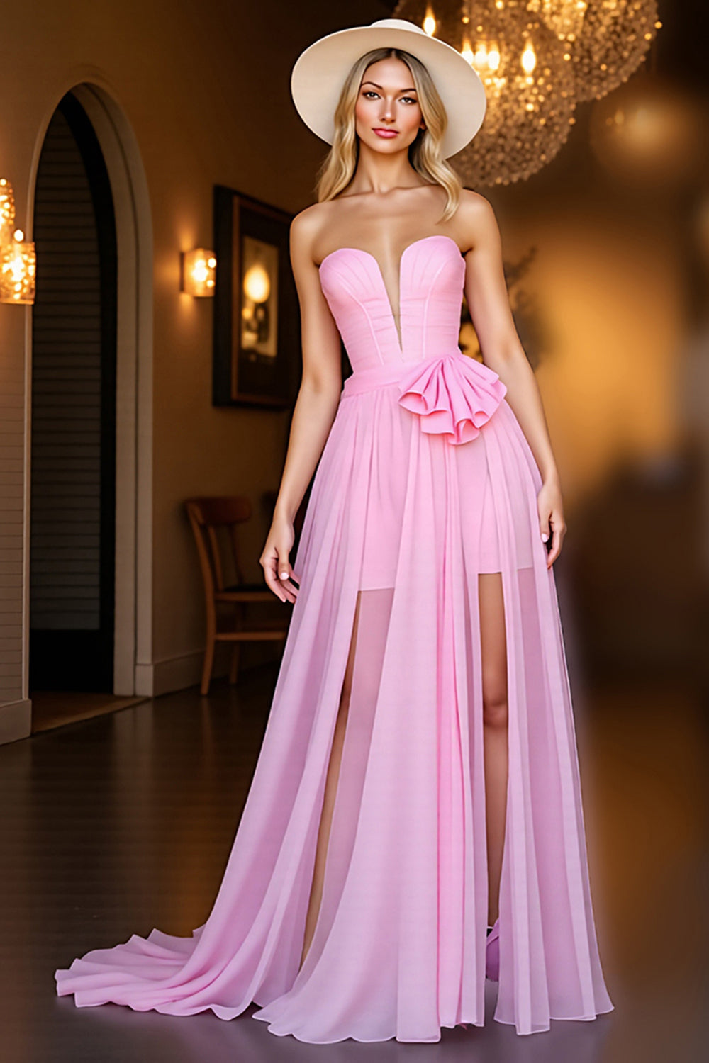 Strapless Pink A Line Prom Dress with Slit