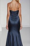 Dark Blue Mermaid Satin Formal Dress with Slit