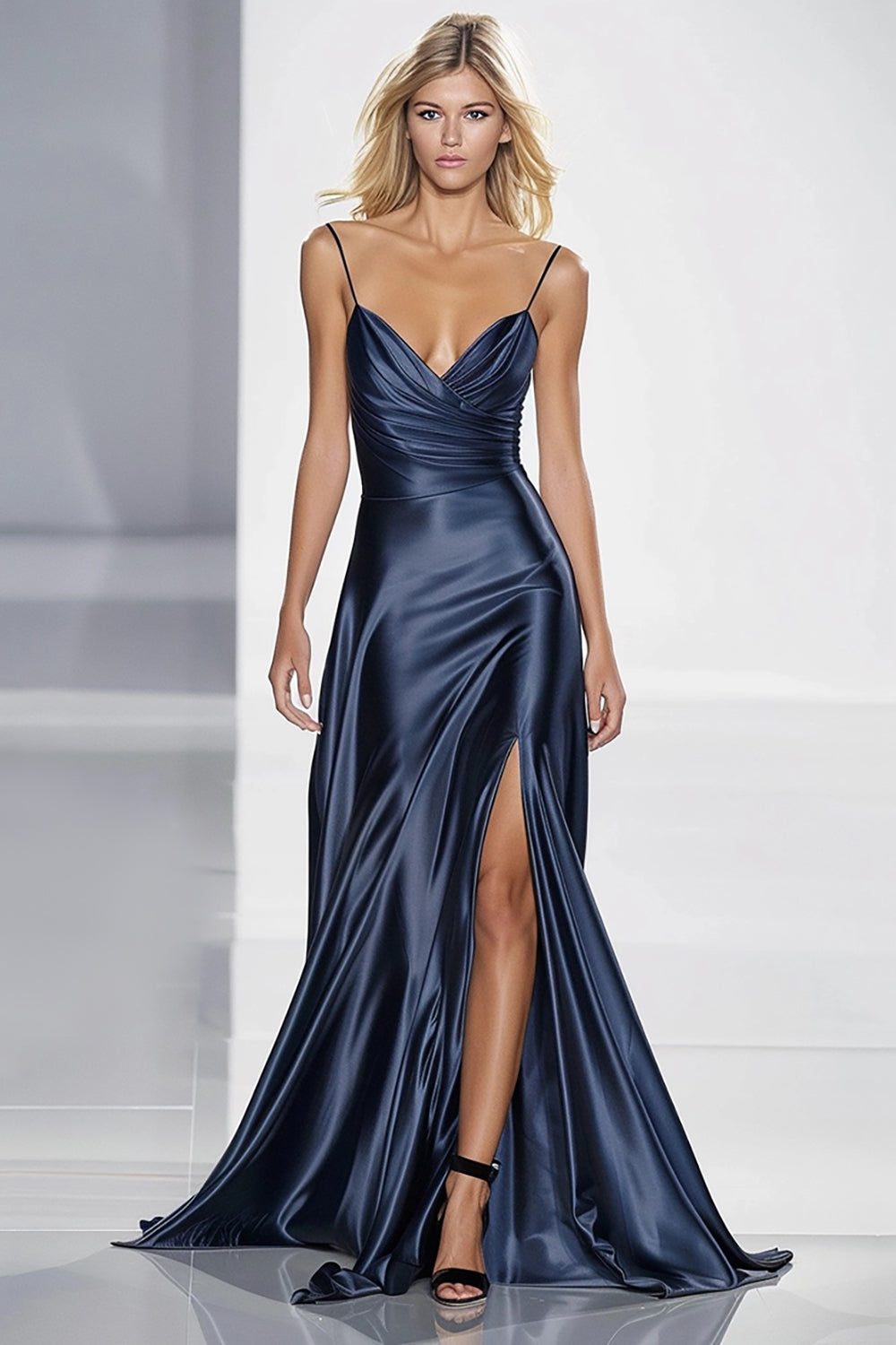 Mermaid Dark Blue Satin Formal Dress with Slit