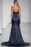 Mermaid Dark Blue Satin Formal Dress with Slit