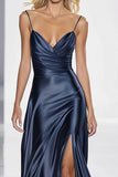 Mermaid Dark Blue Satin Formal Dress with Slit