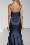 Mermaid Dark Blue Satin Formal Dress with Slit
