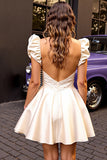 Corset A Line Backless Ivory Homecoming Dress with Puff Sleeves