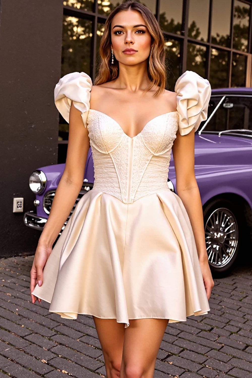 Corset A Line Backless Ivory Homecoming Dress with Puff Sleeves