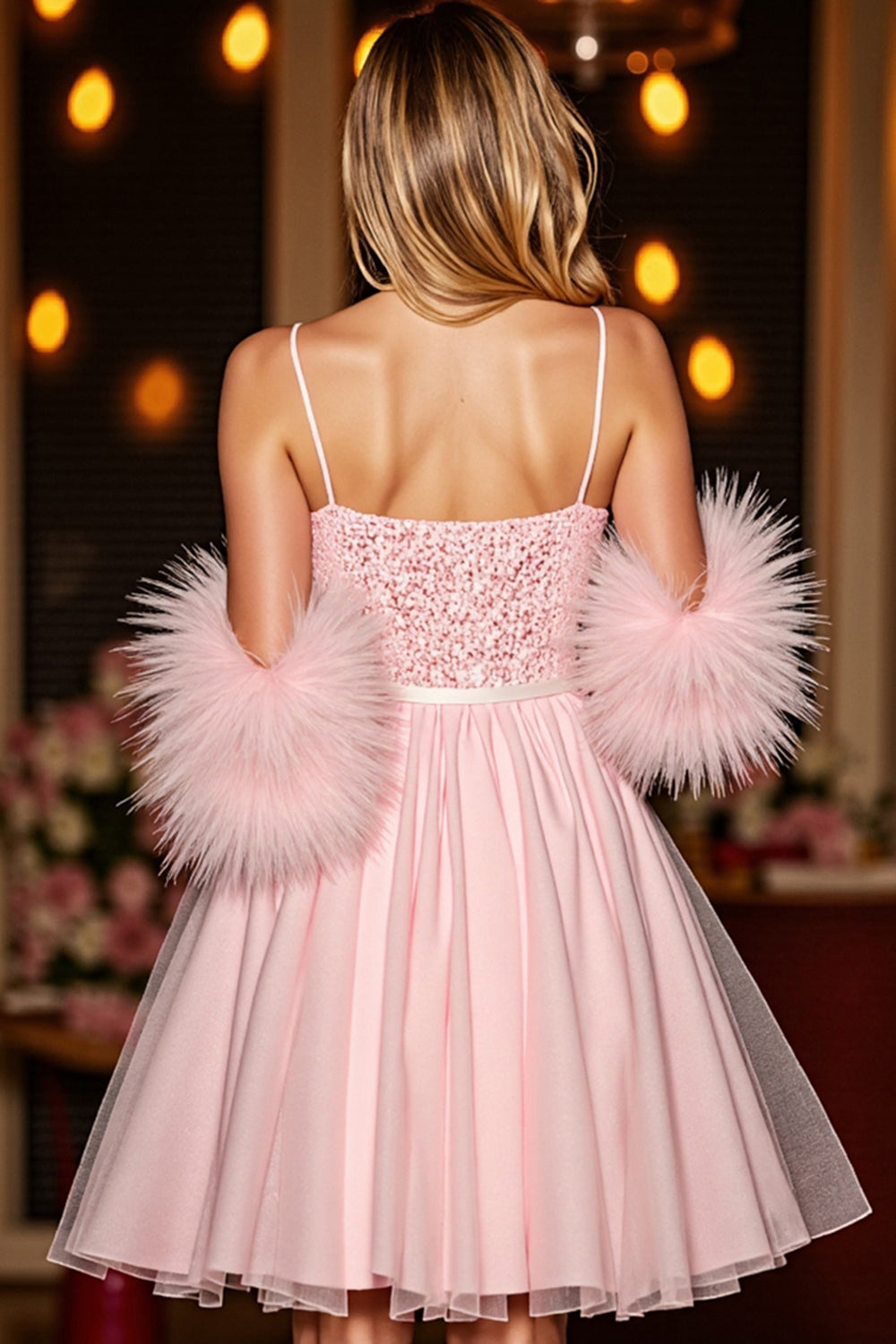 Sequin Blush Corset Homecoming Dress with Feathers