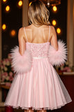 Sequin Blush Corset Homecoming Dress with Feathers
