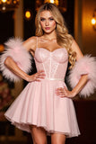Sequin Blush Corset Homecoming Dress with Feathers