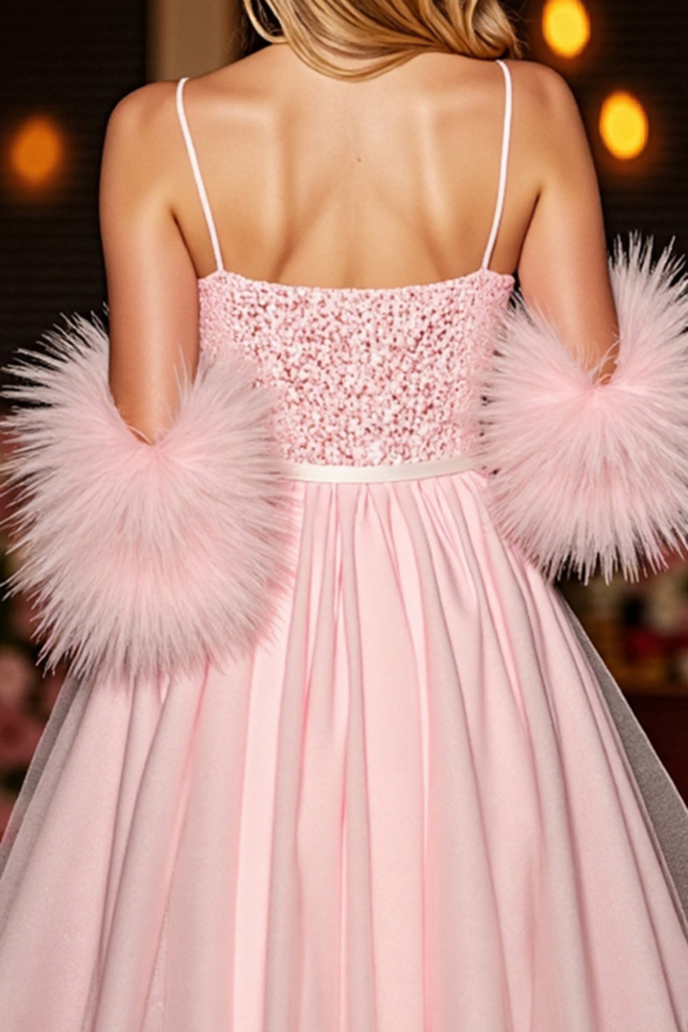 Sequin Blush Corset Homecoming Dress with Feathers