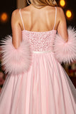 Sequin Blush Corset Homecoming Dress with Feathers