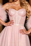 Sequin Blush Corset Homecoming Dress with Feathers
