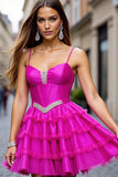 Tiered Fuchsia Ruffled Beaded Homecoming Dress
