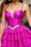 Tiered Fuchsia Ruffled Beaded Homecoming Dress