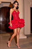 Tiered Ruffled Red Homecoming Dress with Sequins