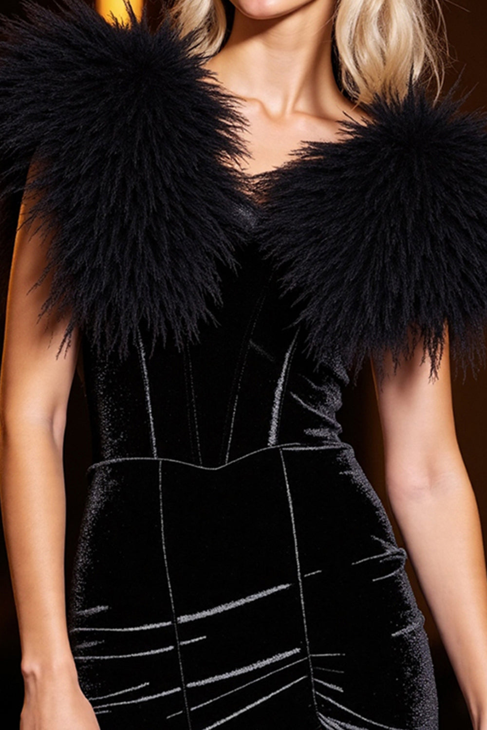 Velvet Black Tight Homecoming Dress with Feathers