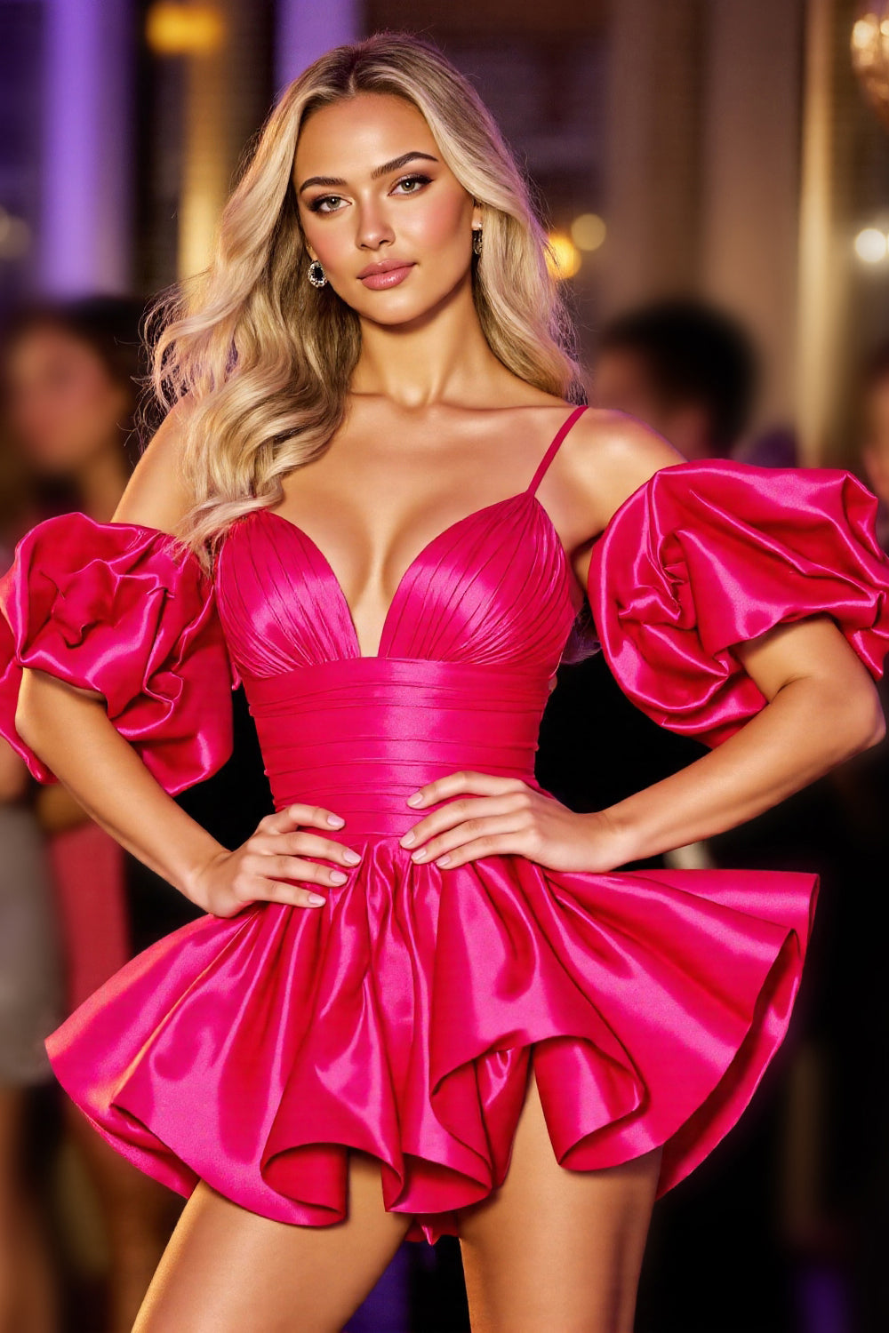 Ruffled Fuchsia Satin A Line Homecoming Dress
