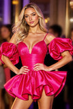 Ruffled Fuchsia Satin A Line Homecoming Dress