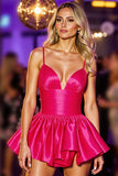 Ruffled Fuchsia Satin A Line Homecoming Dress